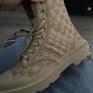 Gucci Tan Monogram Lace-Up Boots